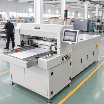 Alt Text1 Industrial electric paper cutter machine with dual hand controls and safety shield