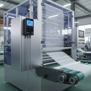 Technical factory scene with advanced machinery in operation