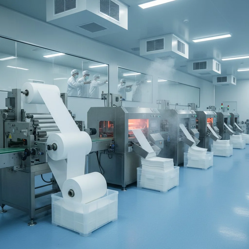 Gauze production line in a clean factory with machinery and workers.