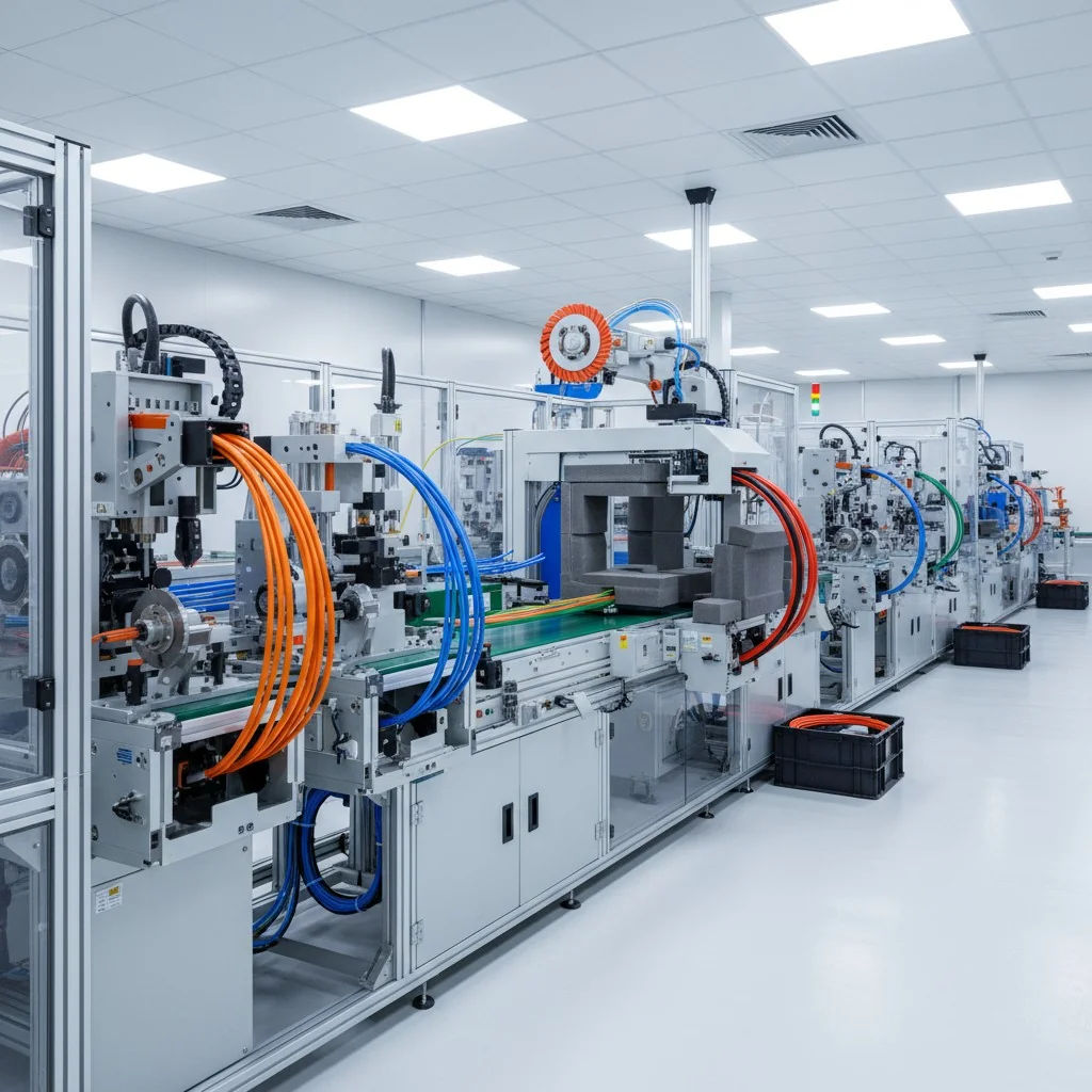 Modern industrial automation line with machinery in a factory setting