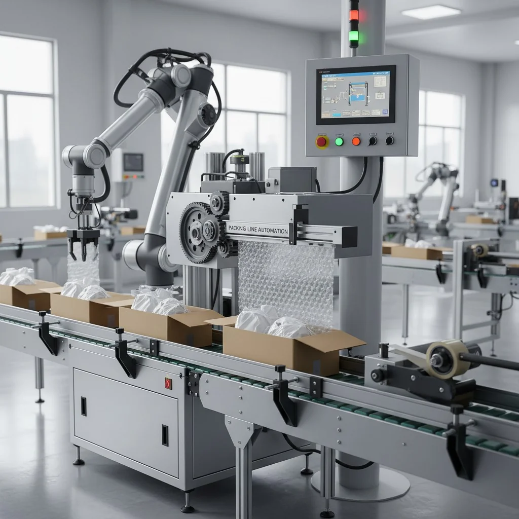 Robotic arm automating packaging in a modern factory setting