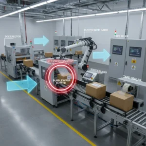Automated factory assembly line with robotic arms and conveyor belts in a modern industrial setting.