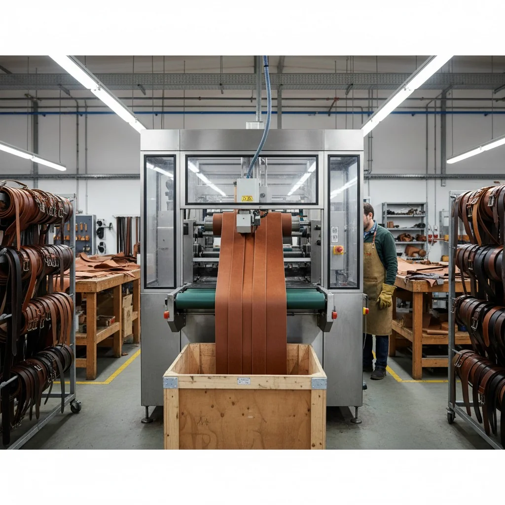 Automated machine cutting leather belts in a factory setting with worker.
