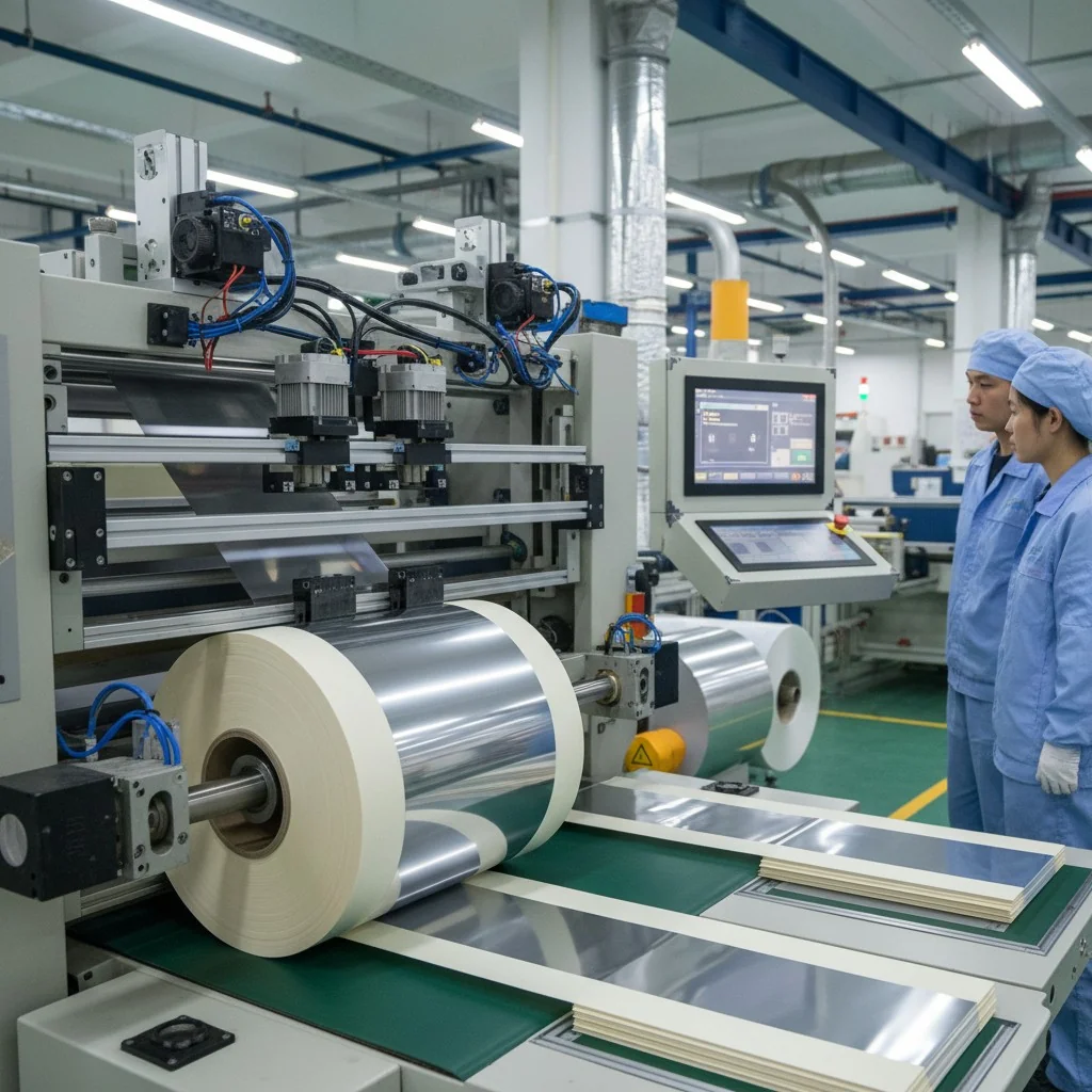 Technicians operating automated roll-to-sheet cutting machine in a modern factory setting.