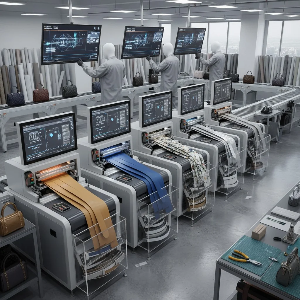 Automated production line for straps in a modern factory setting with advanced machinery.
