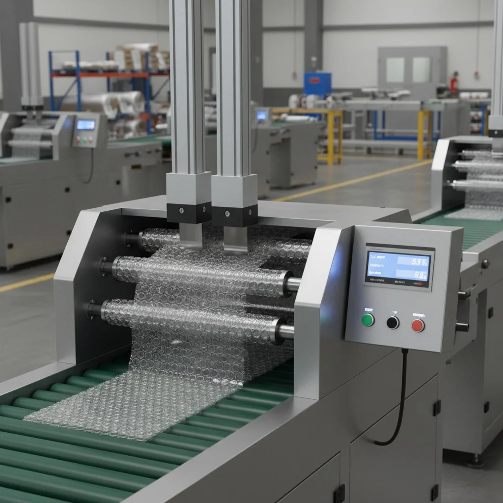 Close-up of an automatic bubble wrap cutting machine in a factory setting.