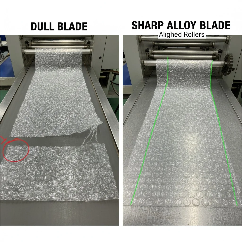 Side-by-side comparison of bubble wrap cut by dull and sharp blades, highlighting differences in cut quality.