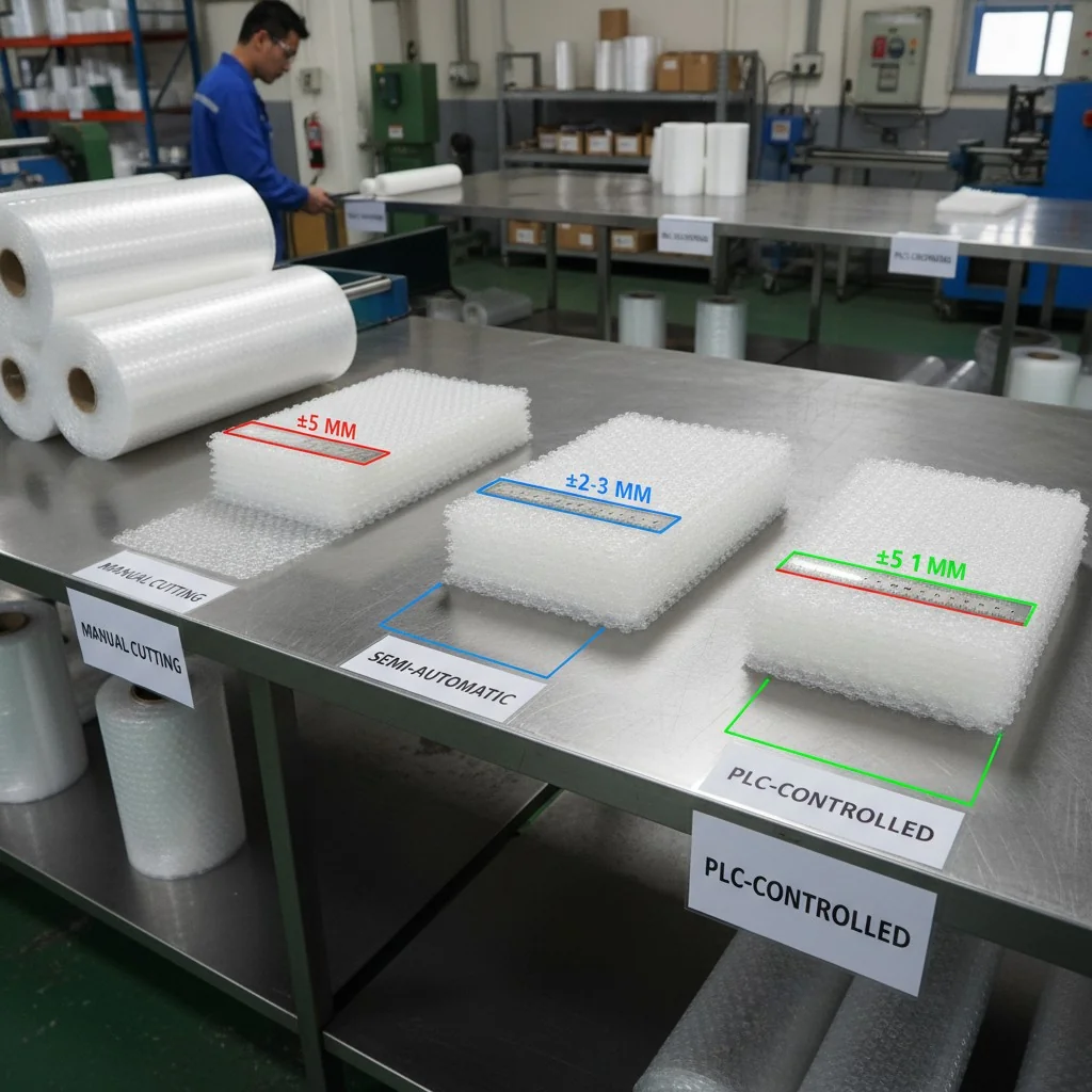 Comparison of bubble wrap cutting precision: manual, semi-automatic, PLC-controlled in a factory setting.
