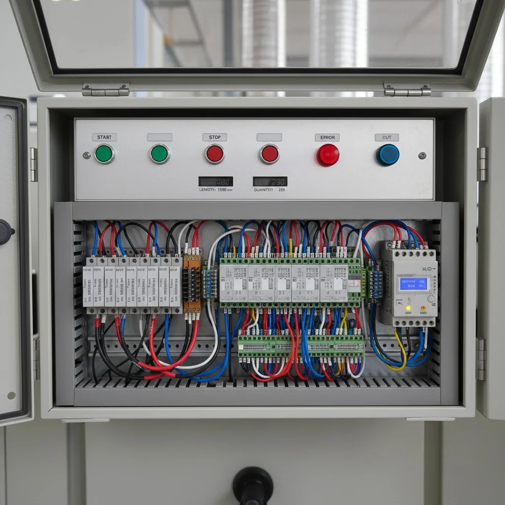 Detailed view of PLC IO panel with wiring and control buttons in an industrial environment.