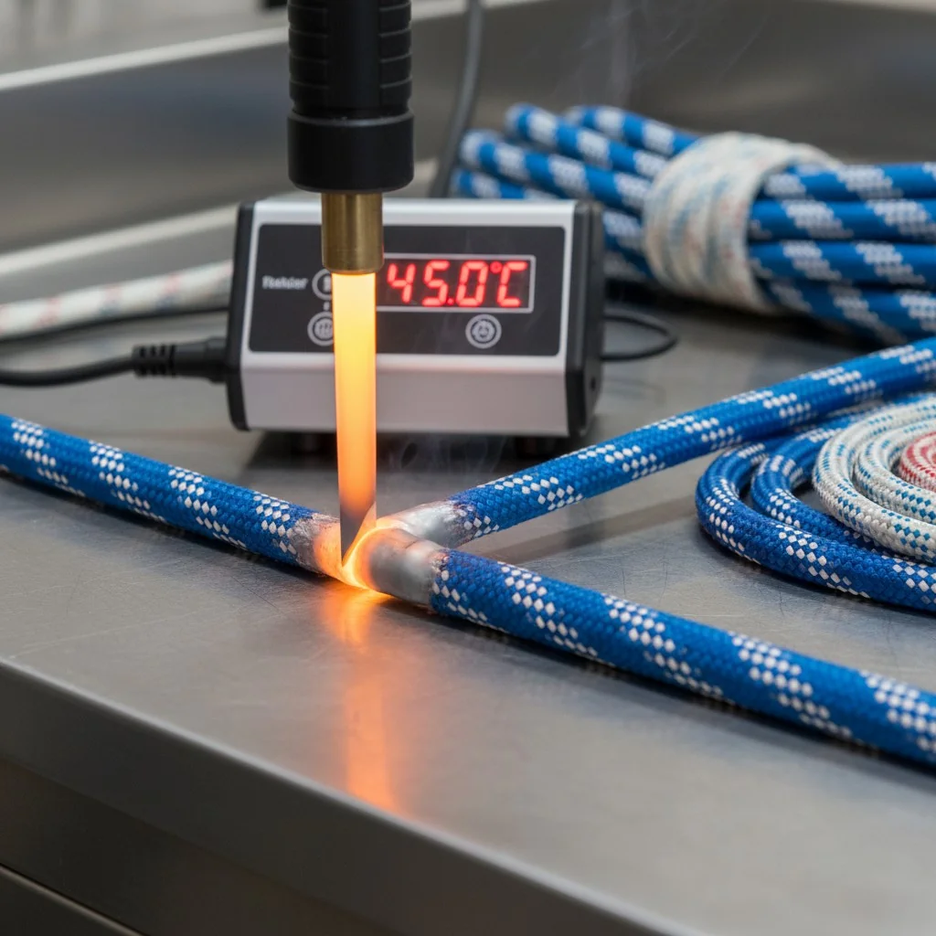 Close-up of a hot knife cutting through a blue rope on a table with a temperature display.