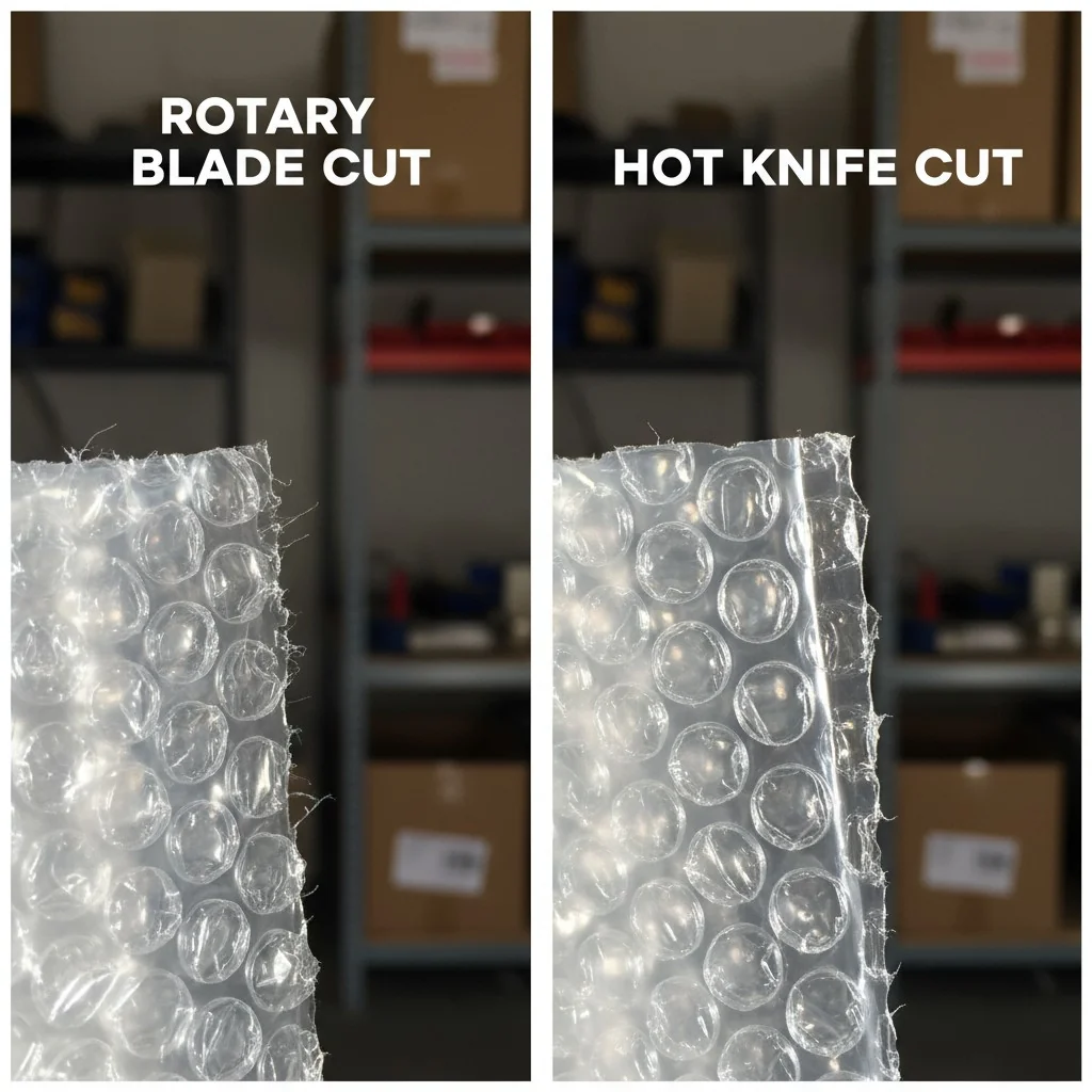 Split-screen showing rotary blade cut and hot knife cut on bubble wrap.