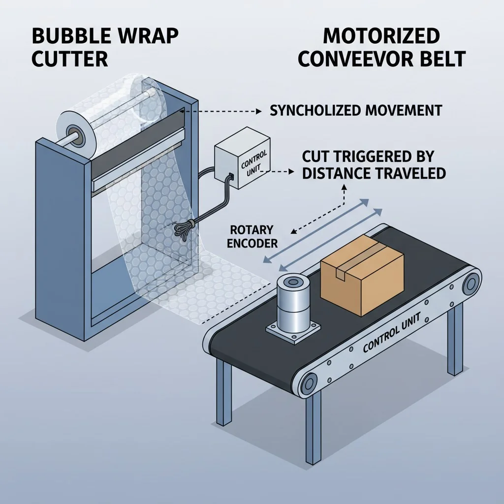 Diagram showing bubble wrap cutter and motorized conveyor belt synchronization setup.