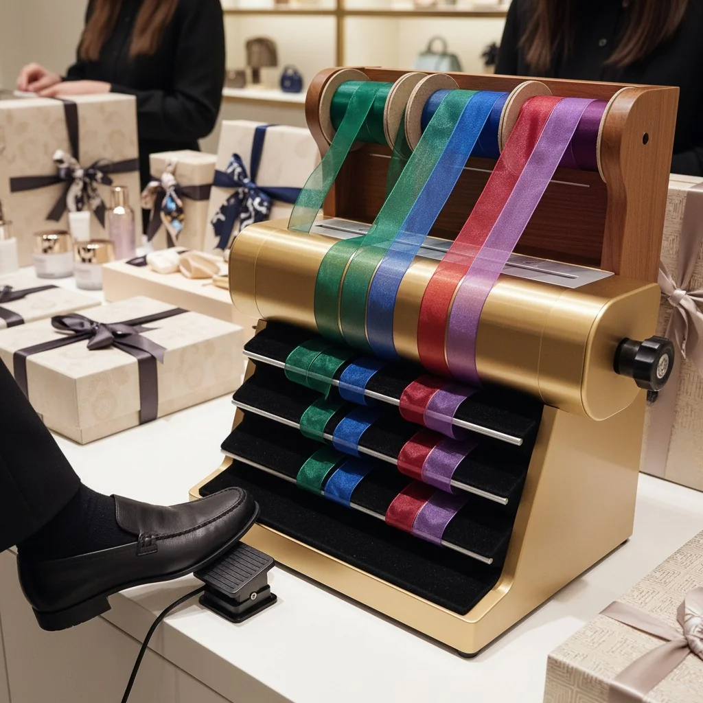 Boutique gift wrapping station with colorful ribbons and wrapped gifts.