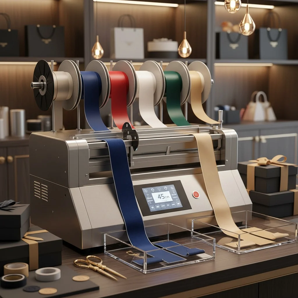 Luxury gift packaging machine with colorful ribbons in a stylish store setting.