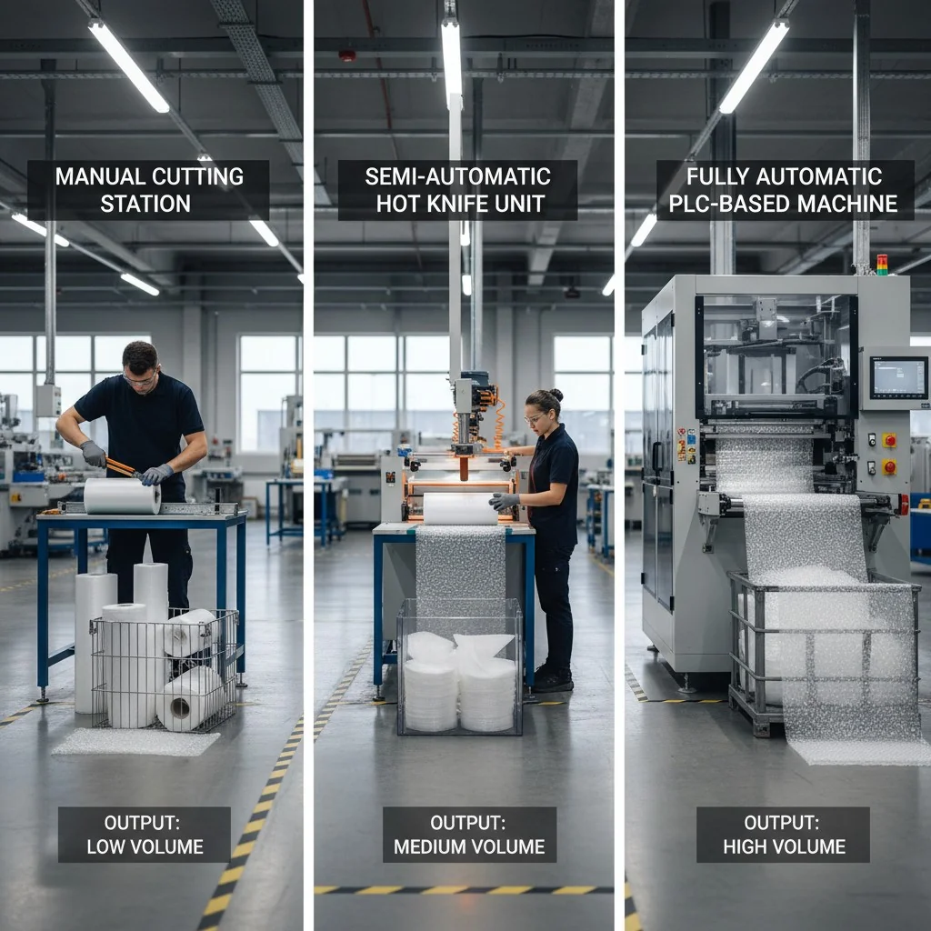 Three assembly line stations: manual, semi-automatic, automatic.