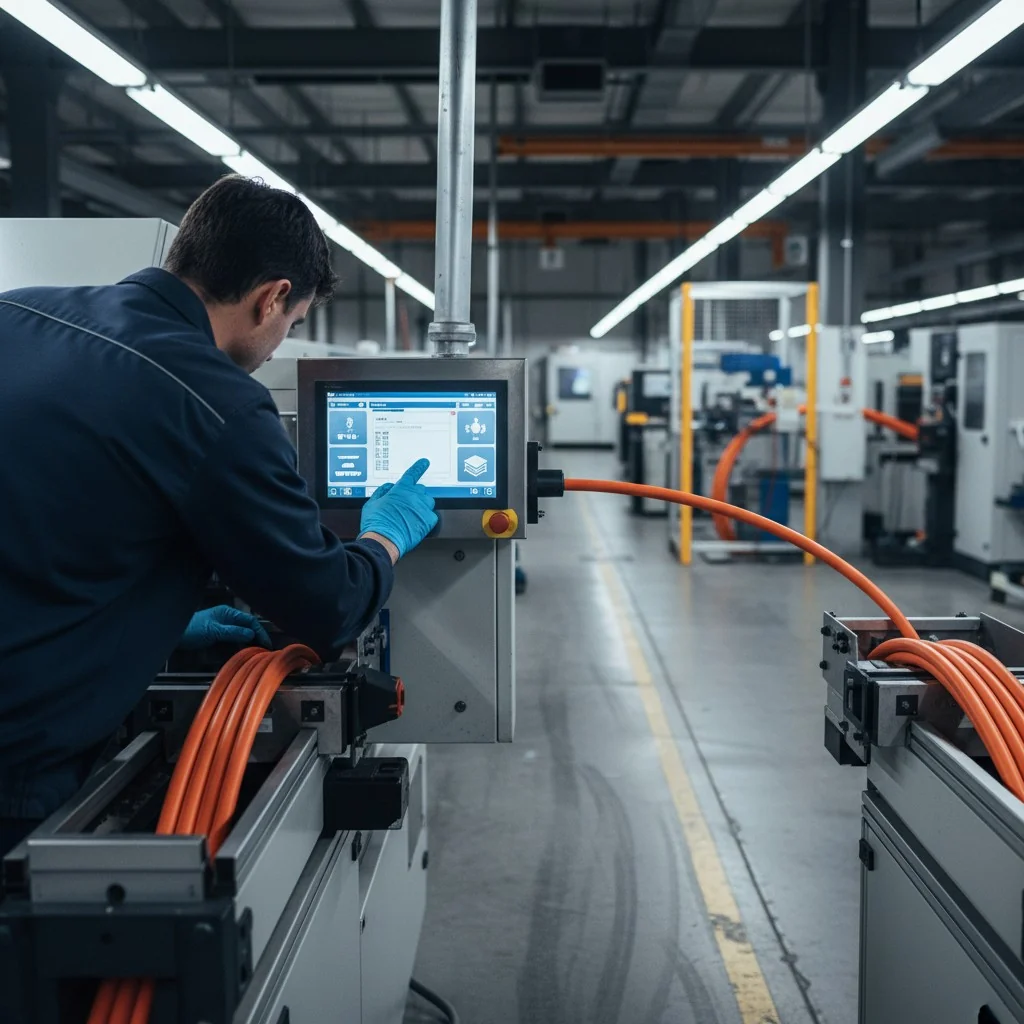 Technician in blue gloves operating a factory machine interface.