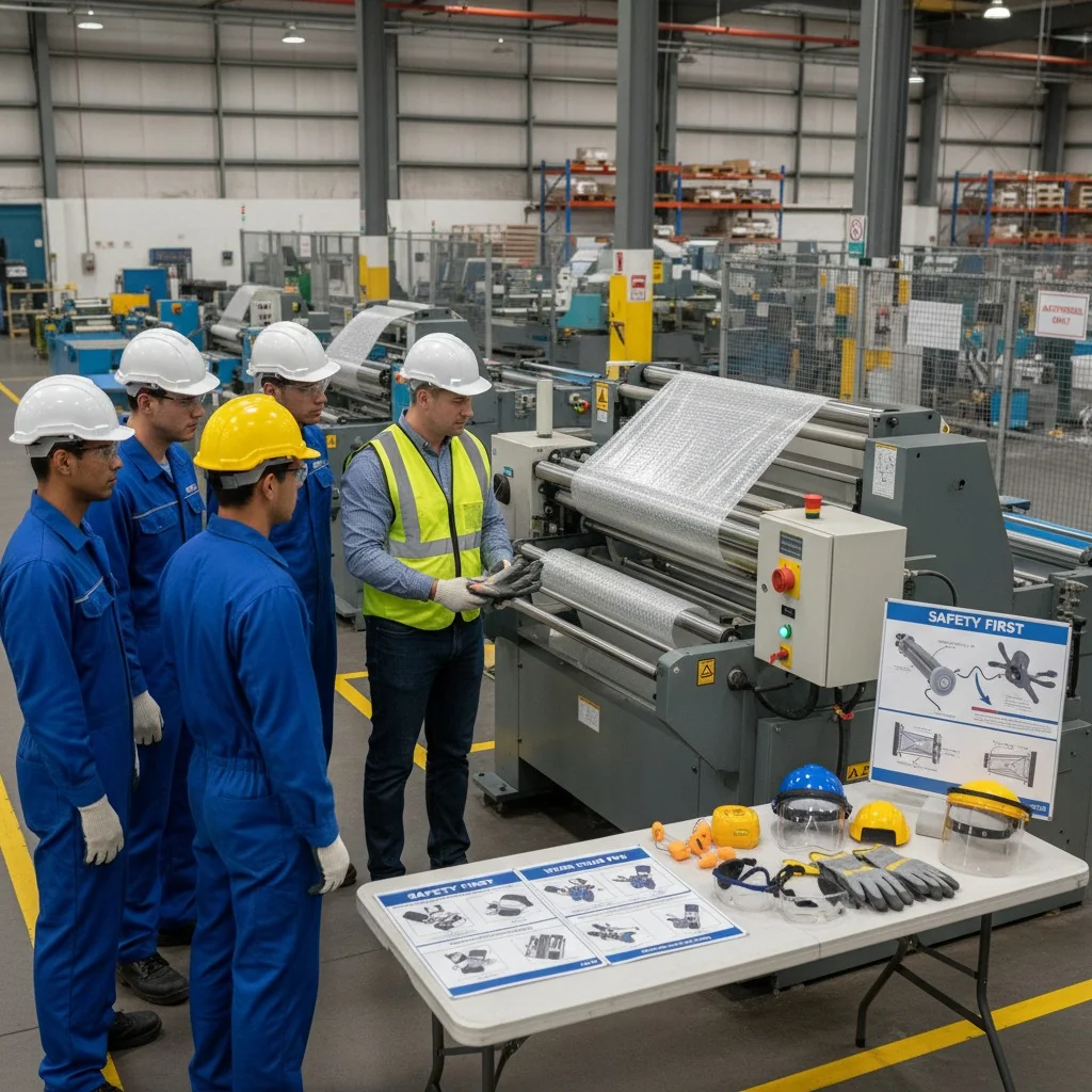 Group of factory workers in safety gear attending a training session in an industrial setting.