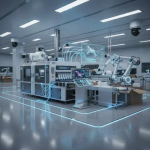 Advanced smart factory floor with robotic arms and digital interfaces.