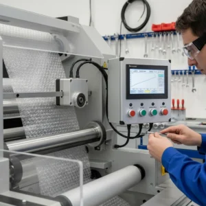 Close-up of a high-end bubble wrap cutting machine in use, showcasing precision engineering and advanced technology in an