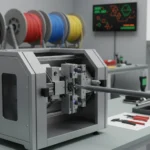Close-up of high precision machine in a workshop setting with colorful cables and tools.