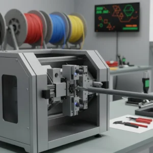 Close-up of high precision machine in a workshop setting with colorful cables and tools.