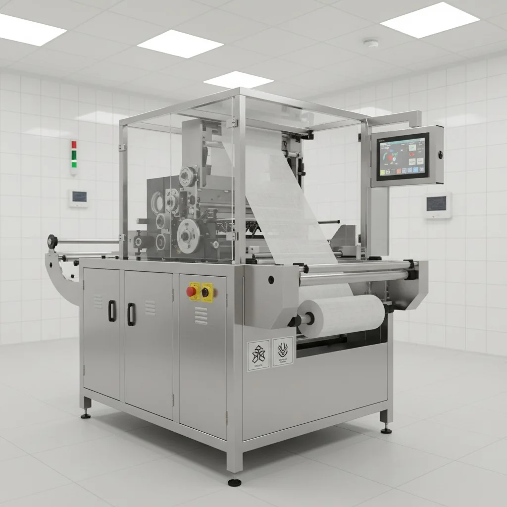 Medical-grade fabric cutter in a sterile, bright room setting.