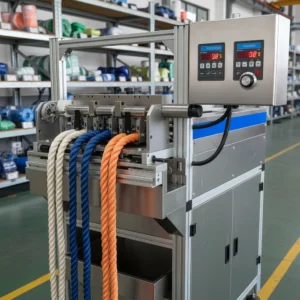 Industrial machine producing high precision ropes in a factory setting.