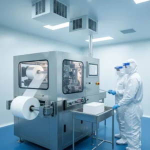 Technicians operating high-speed gauze cutting machine in sterile cleanroom environment.