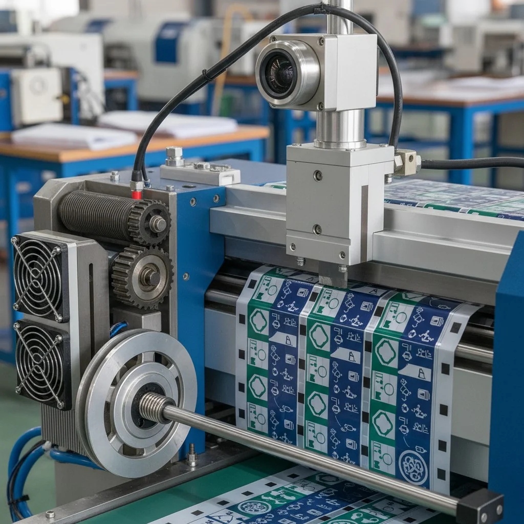 Close-up of a high-speed printing machine in operation, showcasing precision engineering and advanced technology in an