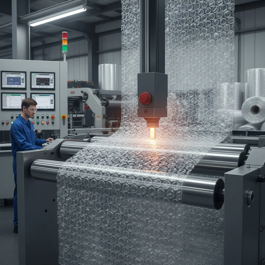 Industrial machine producing bubble wrap with operator in factory setting.