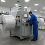 Technician operating industrial bubble wrap cutting machine in factory