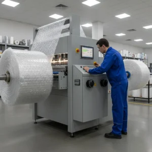 Technician operating industrial bubble wrap cutting machine in factory