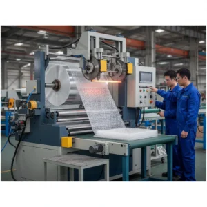 Dual-mode industrial bubble wrap cutting machine in factory setting with operators.
