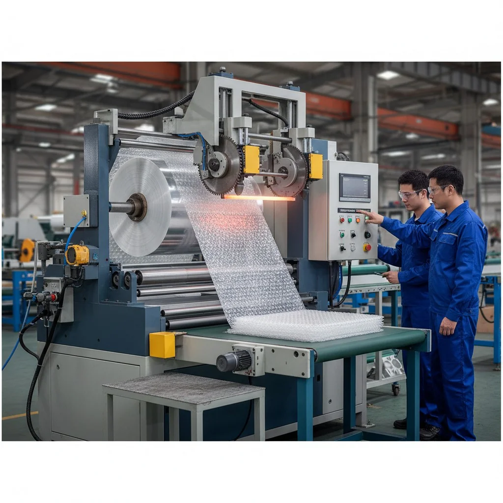 Dual-mode industrial bubble wrap cutting machine in factory setting with operators.