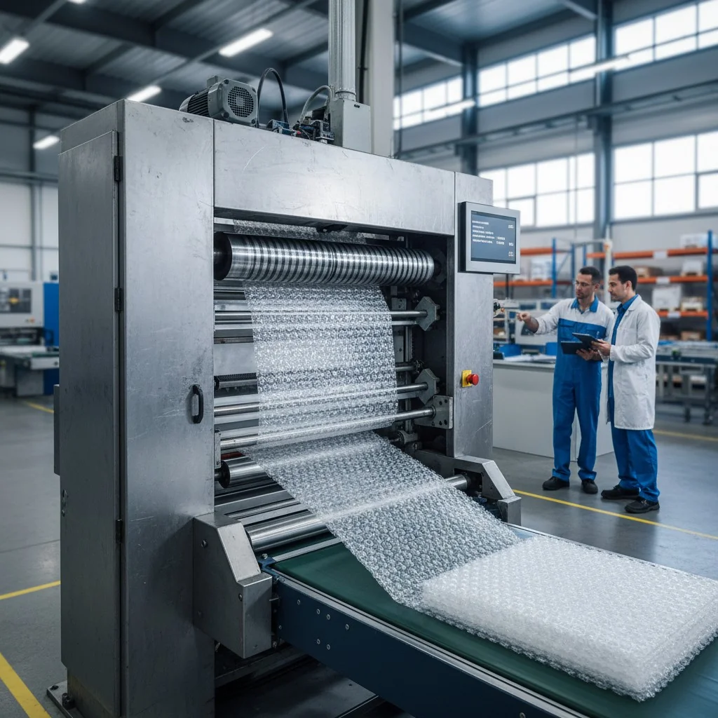 Large industrial machine cutting bubble wrap in a factory setting with two workers discussing.