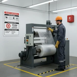 Worker operating industrial cutting machine in factory setting with safety protocols displayed on wall.
