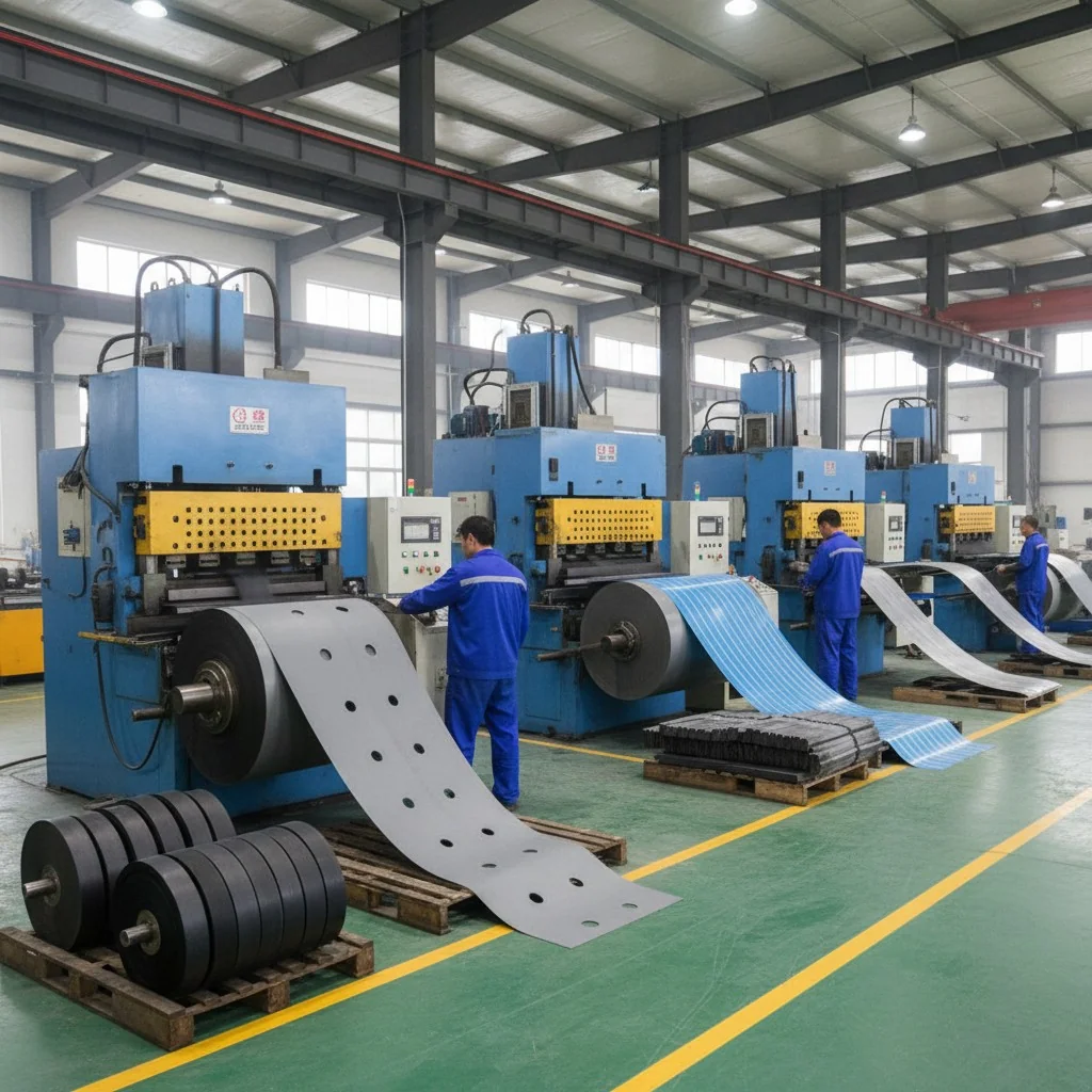 Workers operating industrial machines in a Chinese factory, producing metal sheets in a modern manufacturing setting.