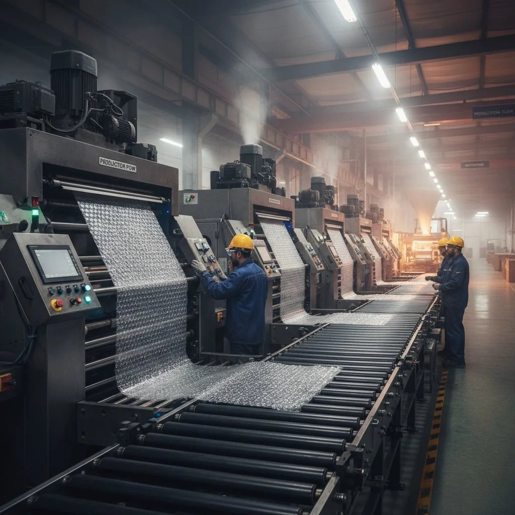 Workers in a large industrial factory operating machinery, producing materials.