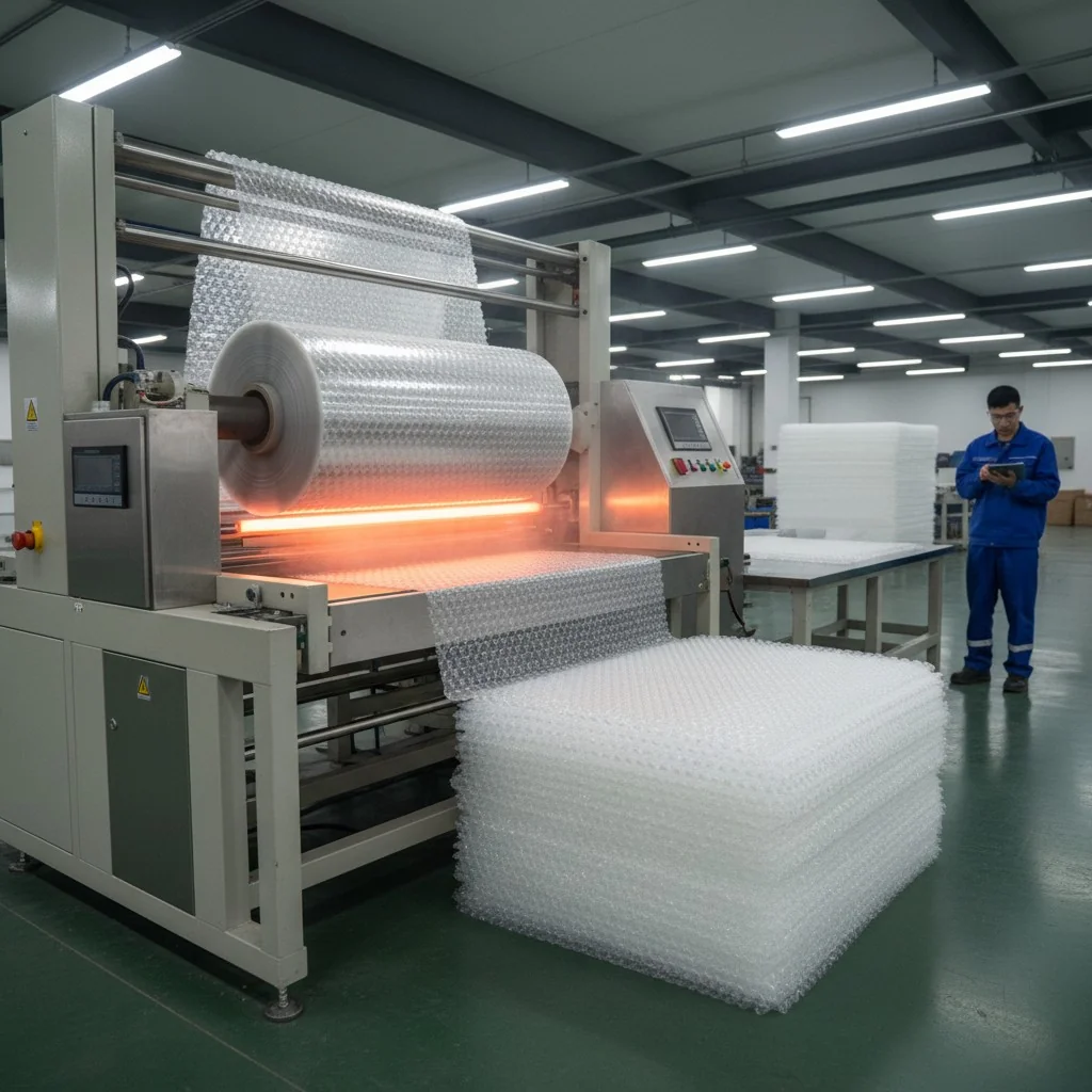 Industrial machine using hot knife to cut bubble wrap in factory setting