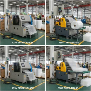Side-by-side comparison of 220V single-phase and 380V three-phase industrial machines in a factory setting.
