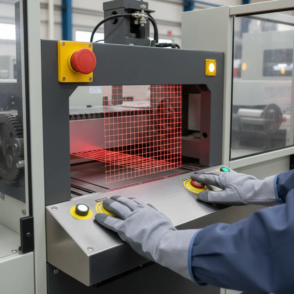 Worker operating industrial machine with safety gloves, focusing on safety protocols in a factory setting.