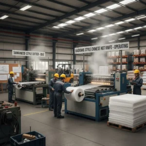 Workers in Canadian industrial packaging factory operating machinery