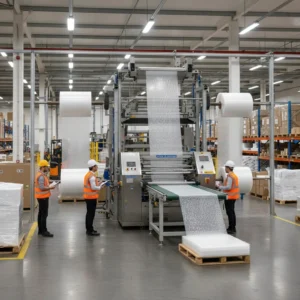 Workers in an industrial warehouse operating bubble wrap machinery