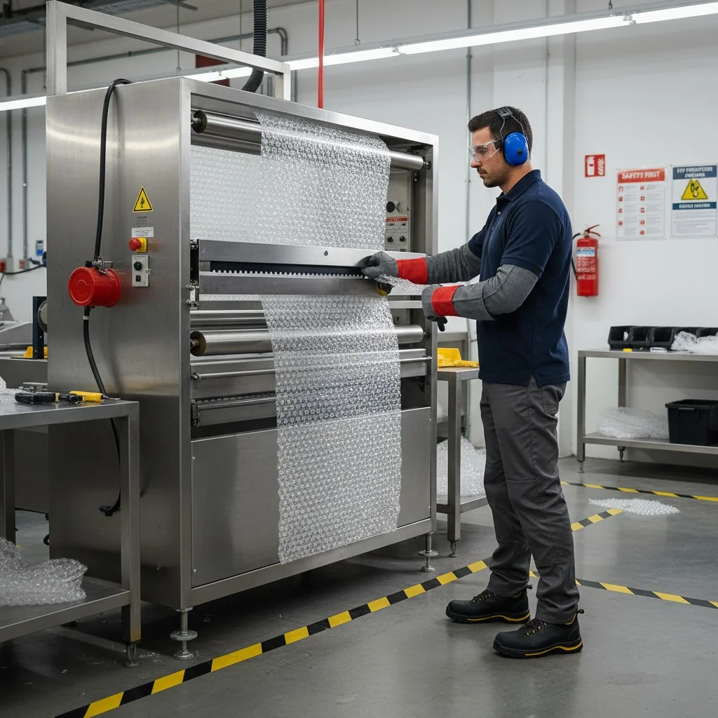 Worker in factory operating a bubble wrap machine, wearing safety gear and focused on task.