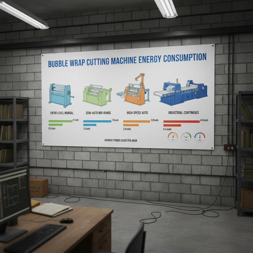 Infographic showing bubble wrap machine energy use in a factory.