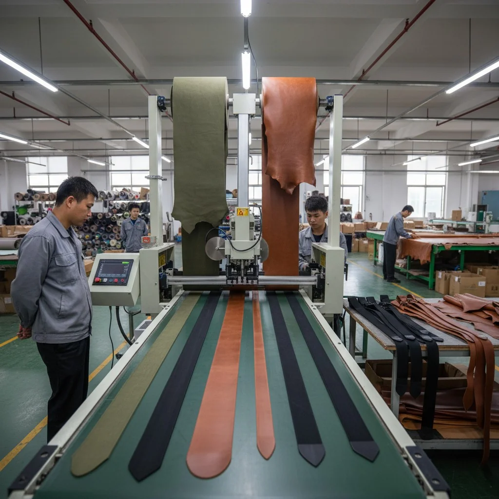 Workers operating machinery in a bag manufacturing plant