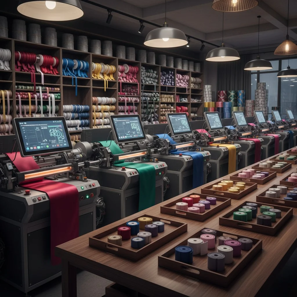 Interior of luxury packaging facility with ribbon machines and colorful materials.