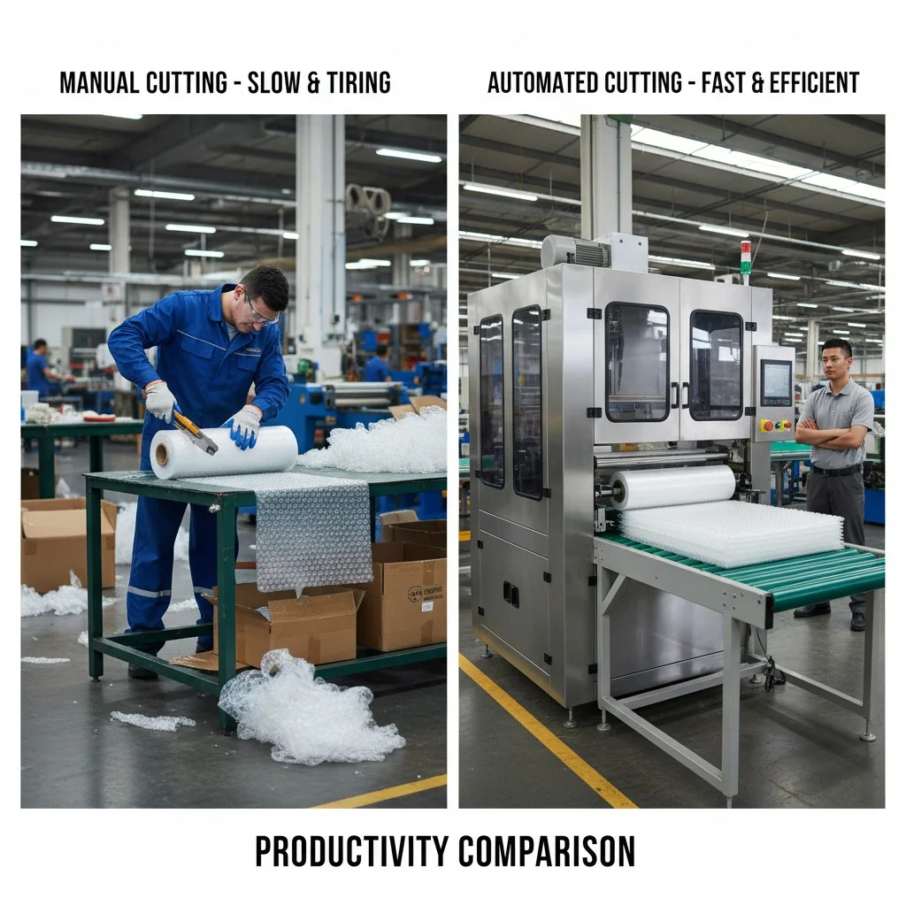 Side-by-side comparison of manual and automated cutting workstations in a factory setting.