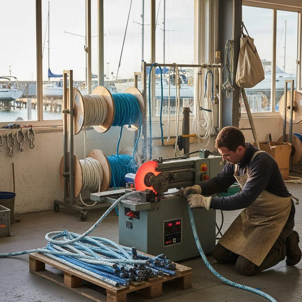 Worker in marine rigging workshop using machine, ropes visible