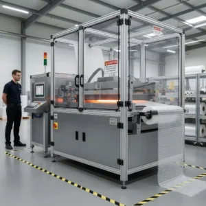 A modern bubble wrap cutting machine in a factory setting with an operator overseeing the process.